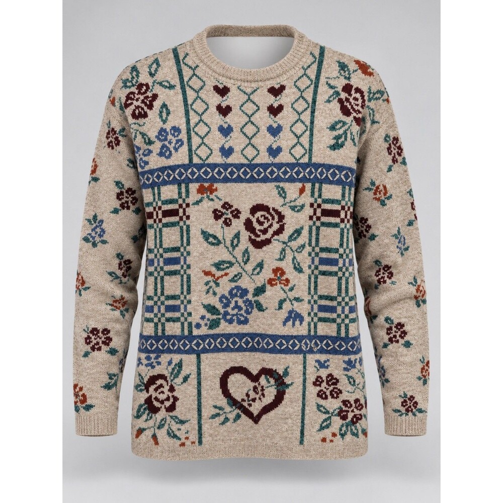 Classic Elements Womens M Floral Plaid Heart Longline Sweater Beige Made USA